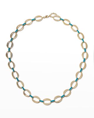 Yellow Gold Full Chunky Chain Necklace with Blue Enamel