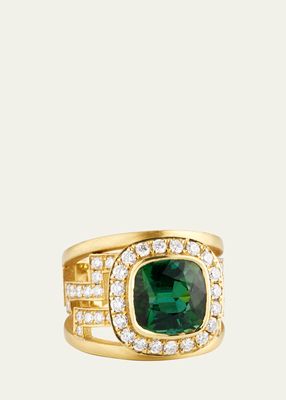 Yellow Gold Maze Ring with Green Tourmaline and Diamonds