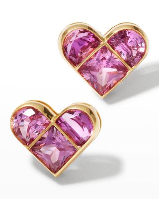 Yellow Gold Pink Sapphire Heart Stud Earrings