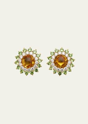 Yellow Gold Pinkpoint Stud Earrings with Diamonds, Tsavorite and Yellow Beryl