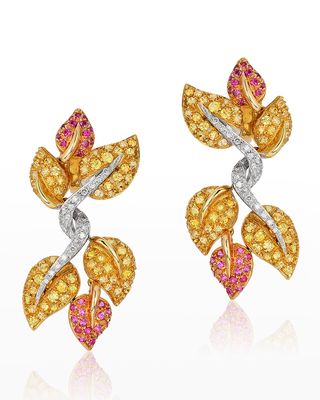 Yellow Gold Sapphire and Diamond Leaf Earrings