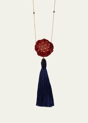 Yellow Gold Tassel Necklace with Diamond, Sapphire and Red Bamboo