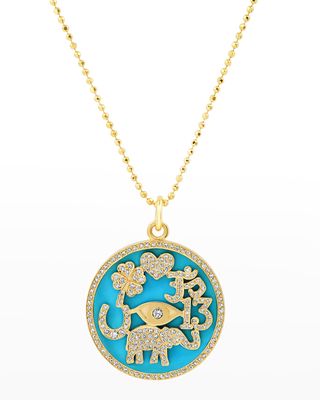 Yellow Gold Turquoise and Diamond Good Luck Necklace