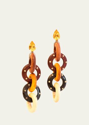 Yellow Gold Wooden Hoop Earrings with Diamonds and Citrine