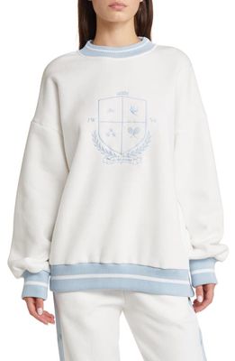 YELLOW THE LABEL Coat of Arms Embroidered Ringer Sweatshirt in White/Baby Blue