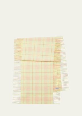 Yellow Washed Vintage Check Cashmere Fringe Scarf