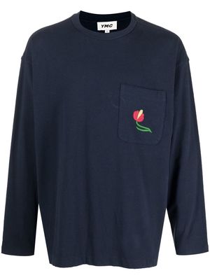 YMC embroidered-motif long-sleeve T-shirt - Blue