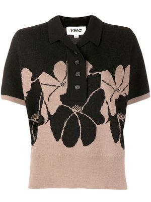 YMC floral short-sleeve polo knit top - Black