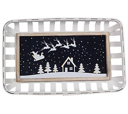 Young's Bamboo White Basket with Santa on Sled Sign, Set of 2