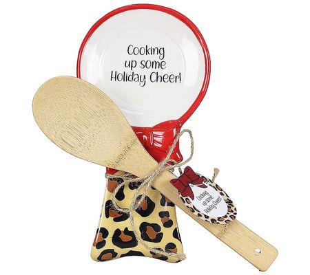 Young's Ceramic Christmas Leopard Spoon Rest wi th Spoon Set