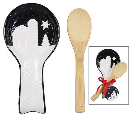 Young's Ceramic Country Christmas Spoon Rest wi th Wooden Spoon