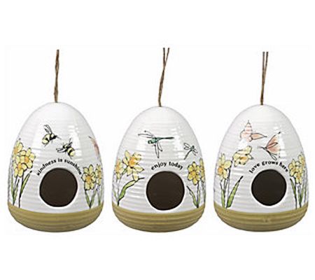 Young's Ceramic Daffodil Themed Bird Houses, Se t of 3