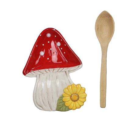 Young's Ceramic Mushroom Spoon Rest with Wood S poon Set