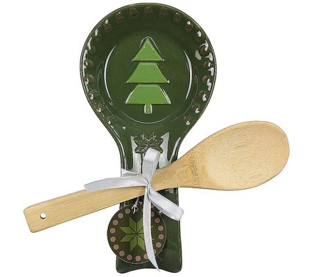 Young's Ceramic Woodland Lodge Spoon Rest with Wooden Spoon