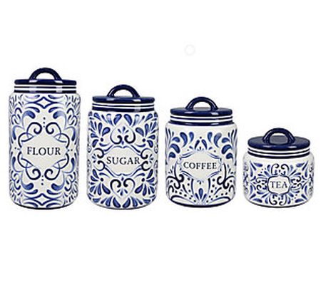 Young's Inc. Set of 4 Blue & White Talavera Can isters