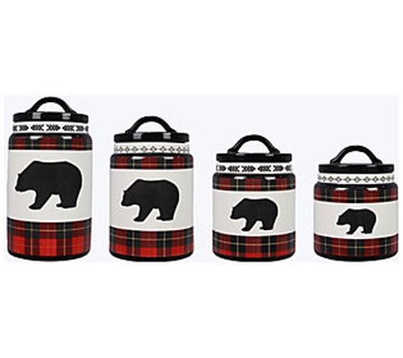 Young's Inc Set of 4 Ceramic Cabin Plaid Bear C anisters