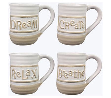Young's Inc Set of 4 Ceramic Mugs with Small Em bossed Word