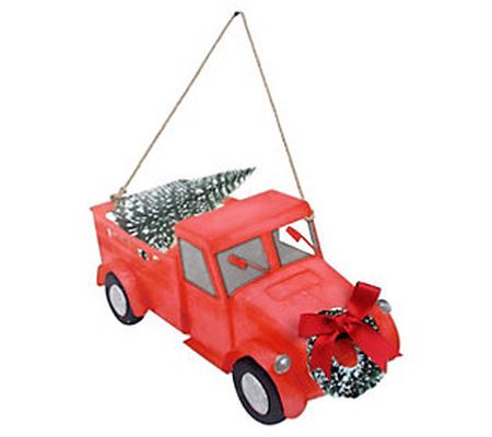 Young's metal red truck w/Christmas tree