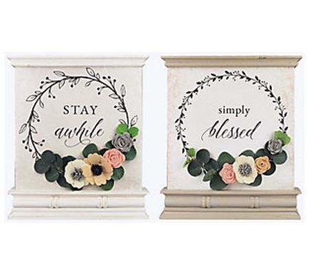Young's Wood Tabletop Sign with Felt Flower Acc ent, set of 2.