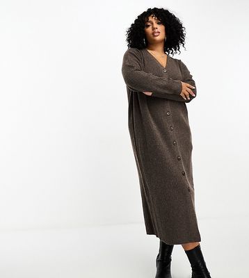 Yours button through knitted dress in camel-Neutral