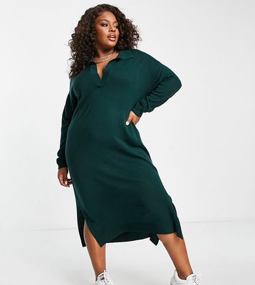 Yours collared knitted midi dress in dark green
