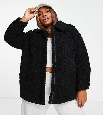 Yours collared teddy jacket in black