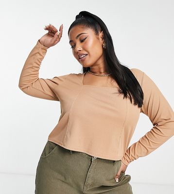 Yours Exclusive corset square neck long sleeve top in camel-Neutral