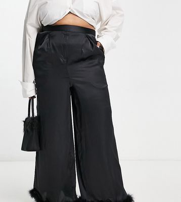 Yours Exclusive fluffy trim satin wide leg pants in black - part of a set