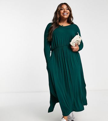 Yours Exclusive long sleeve pocket T-shirt smock dress in dark green