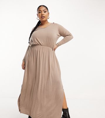 Yours Exclusive long sleeve smock midi dress in mocha-Brown
