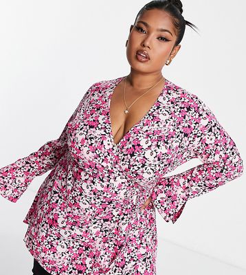 Yours flute sleeve wrap top in pink floral