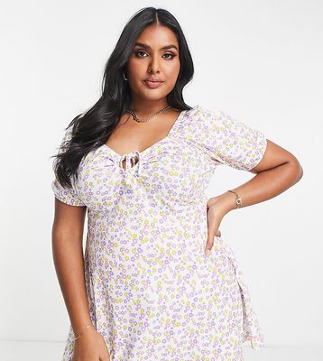 Yours keyhole puff sleeve top in white floral-Pink