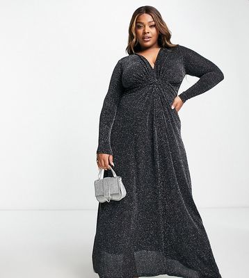 Yours knot front glitter maxi dress in black-Silver