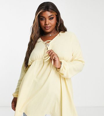 Yours lace up crinkle blouse in yellow