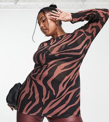 Yours long sleeve mesh top in brown and black zebra print