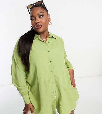 Yours oversized linen look shirt in khaki-Green