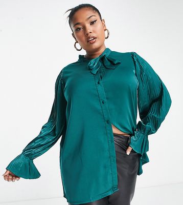 Yours pleated sleeve pussybow blouse in green