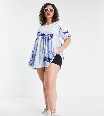 Yours puff sleeve peplum top in blue marble print