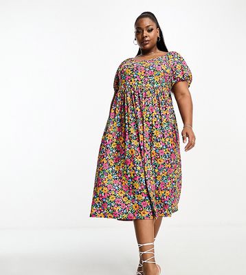 Yours puff sleve smock midi dress in floral print-Multi