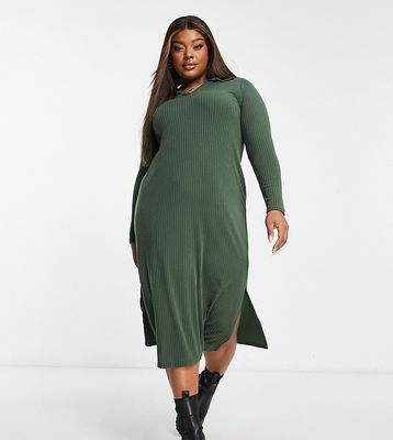 Yours ribbed collared midi dress in khaki-Green