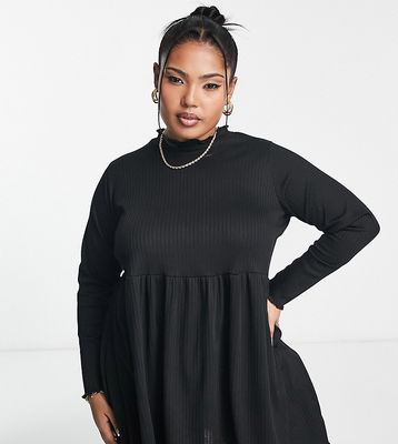 Yours ribbed frill edge long sleeve top in black
