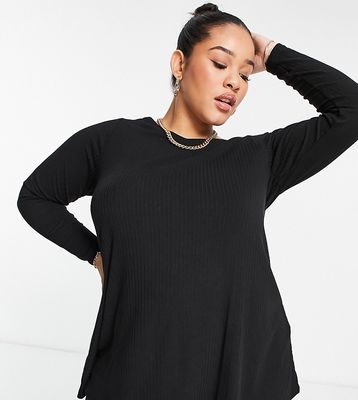 Yours ribbed long sleeve swing top in black