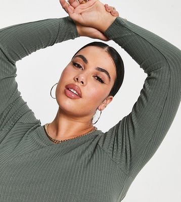 Yours ribbed long sleeve swing top in khaki-Green