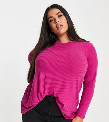 Yours ribbed long sleeve swing top in pink