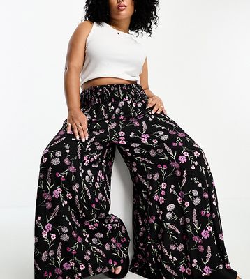 Yours shirred waist wide leg floral pants-Black