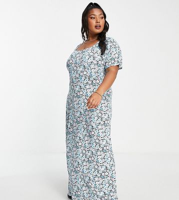 Yours square neck midi dress in blue ditsy floral