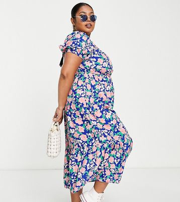 Yours square neck puff sleeve midi dress in blue floral