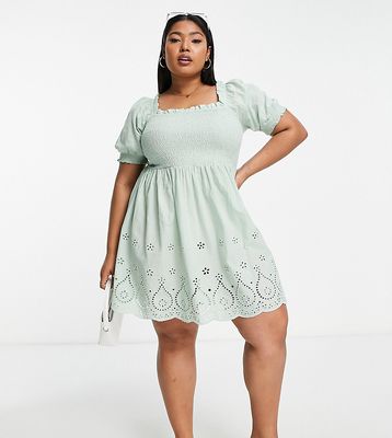 Yours square neck shirred smock dress in sage green