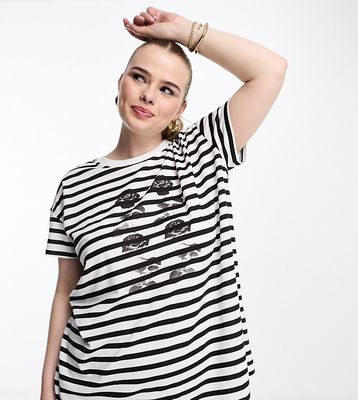 Yours stripe T-shirt with rose print in black and white-Multi