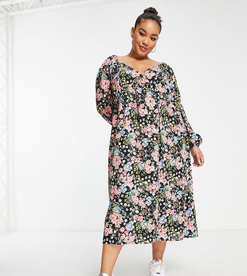 Yours sweetheart v neck long sleeve midi dress in black floral